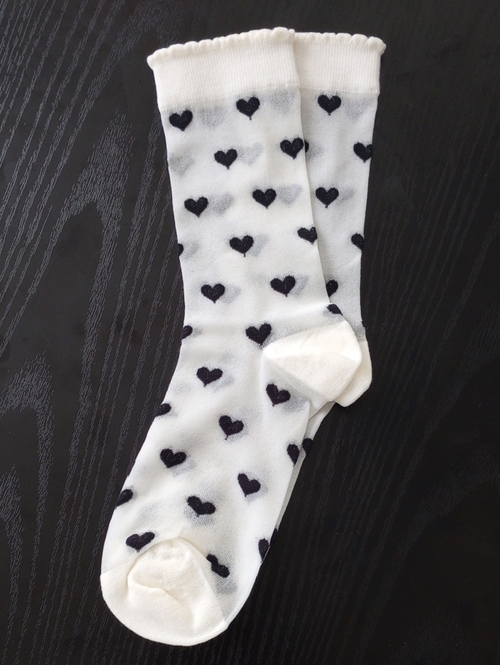 Cream Off White Crew Sheer Mid calf Socks with Black Heart Pattern